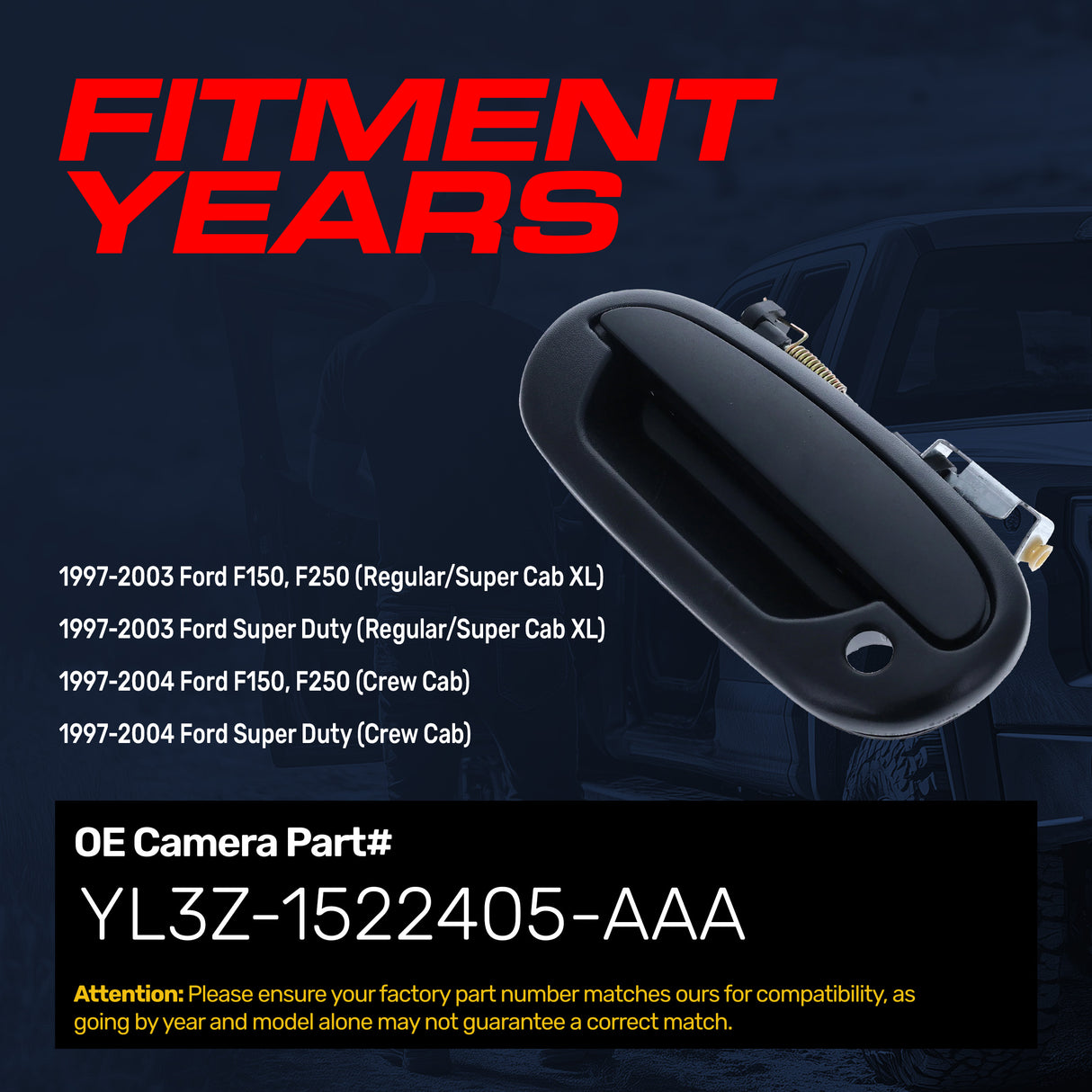 Exterior Door Handle Upgraded Black Metal Replacement for Ford F150, F250, Super Duty (Regular/Crew/Super Cab XL) 1997-2004 OE Part # YL3Z-1522405-AAA | Front LH w/ Keyhole