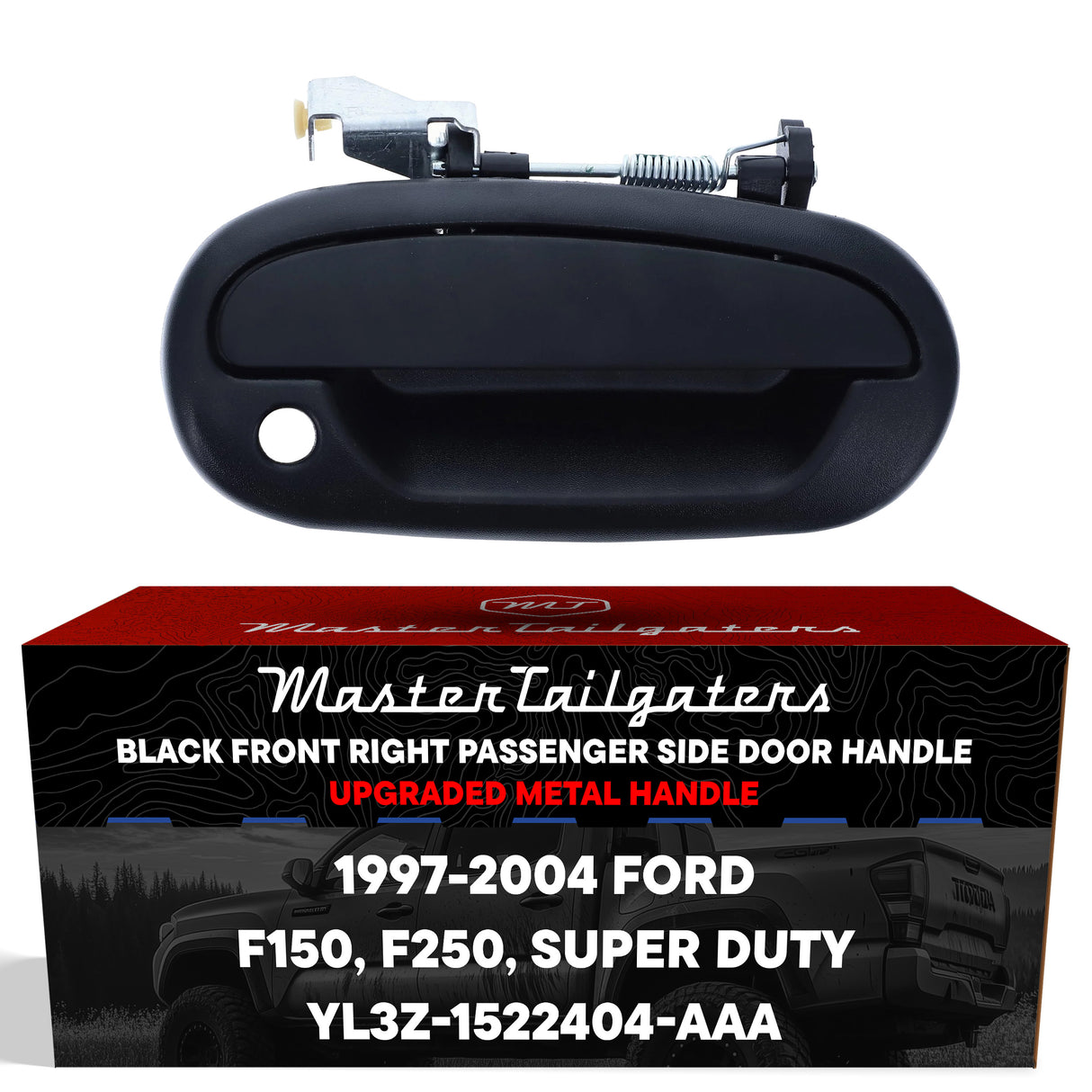 Exterior Door Handle Upgraded Black Metal Replacement for Ford F150, F250, Super Duty (Regular/Crew/Super Cab XL) 1997-2004 OE Part # YL3Z-1522404-AAA | Front RH w/ Keyhole