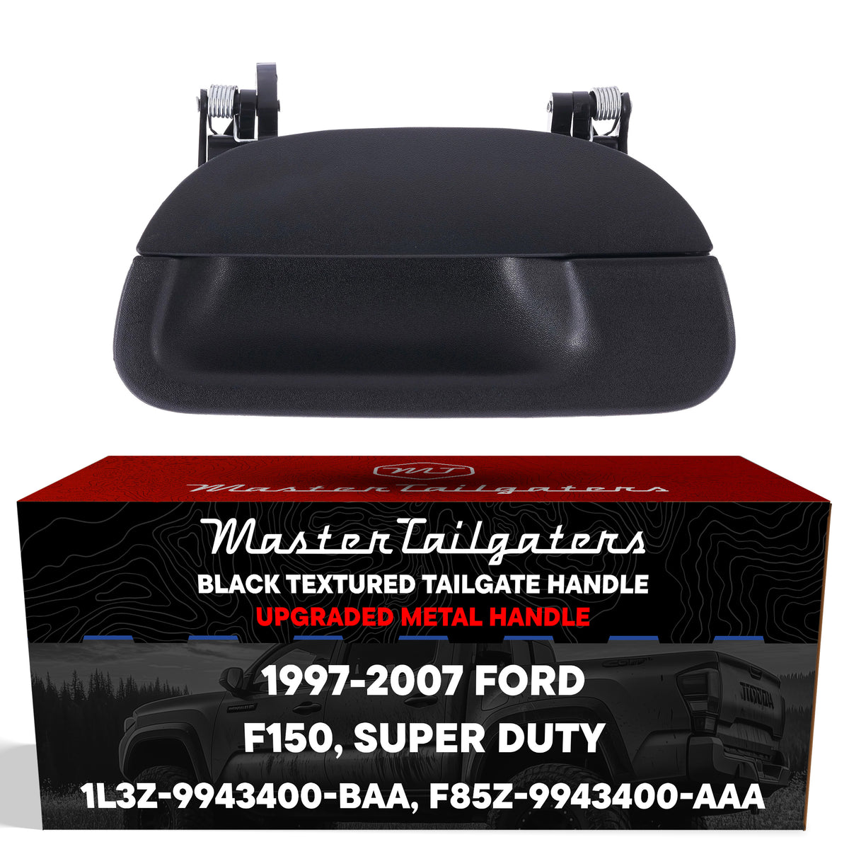 Tailgate Handle Upgraded Black Metal Replacement for Ford F150 (1997-2004), Super Duty (1999-2007) OE Part # 1L3Z-9943400-BAA, F85Z-9943400-AAA | Tailgate Handle w/o Keyhole