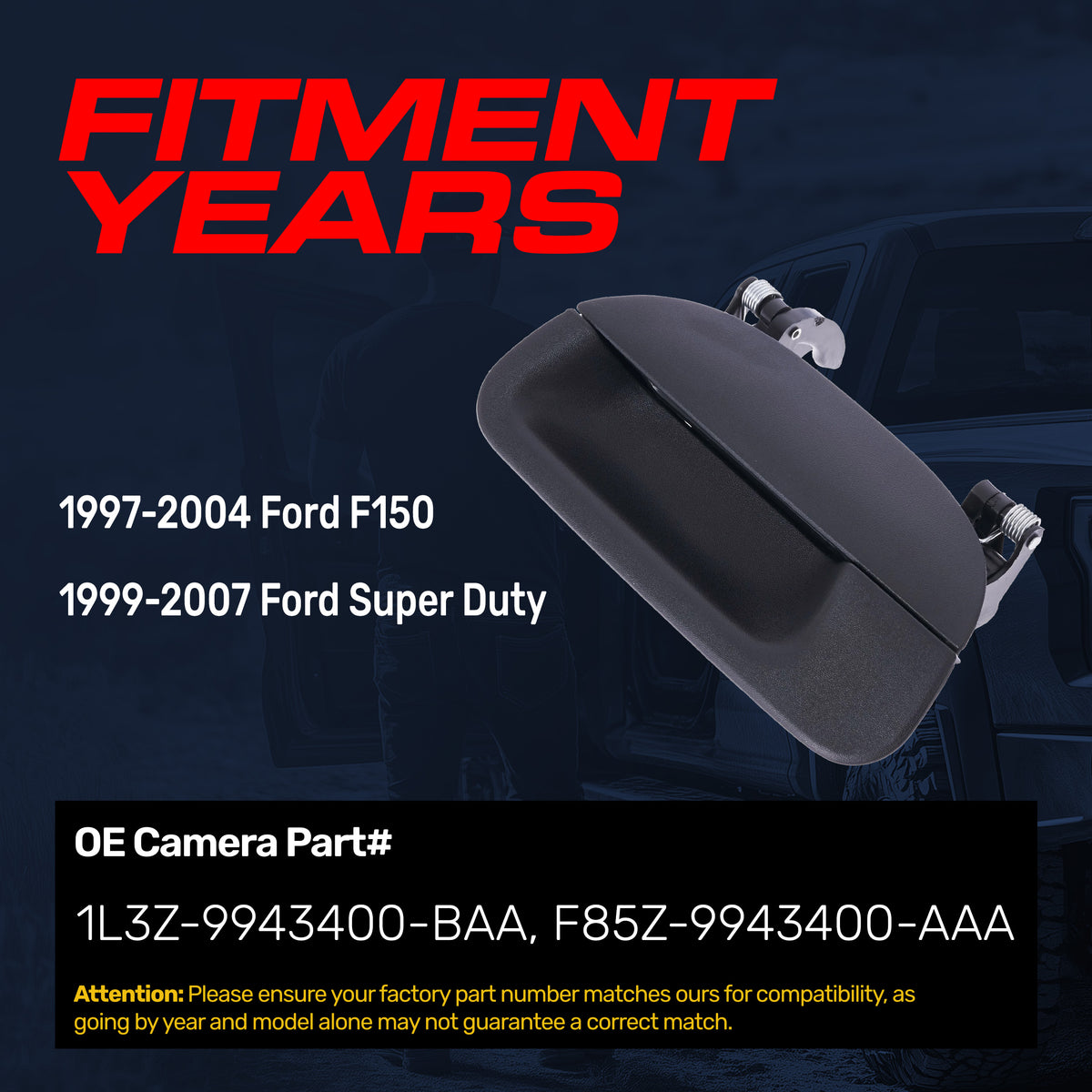 Tailgate Handle Upgraded Black Metal Replacement for Ford F150 (1997-2004), Super Duty (1999-2007) OE Part # 1L3Z-9943400-BAA, F85Z-9943400-AAA | Tailgate Handle w/o Keyhole