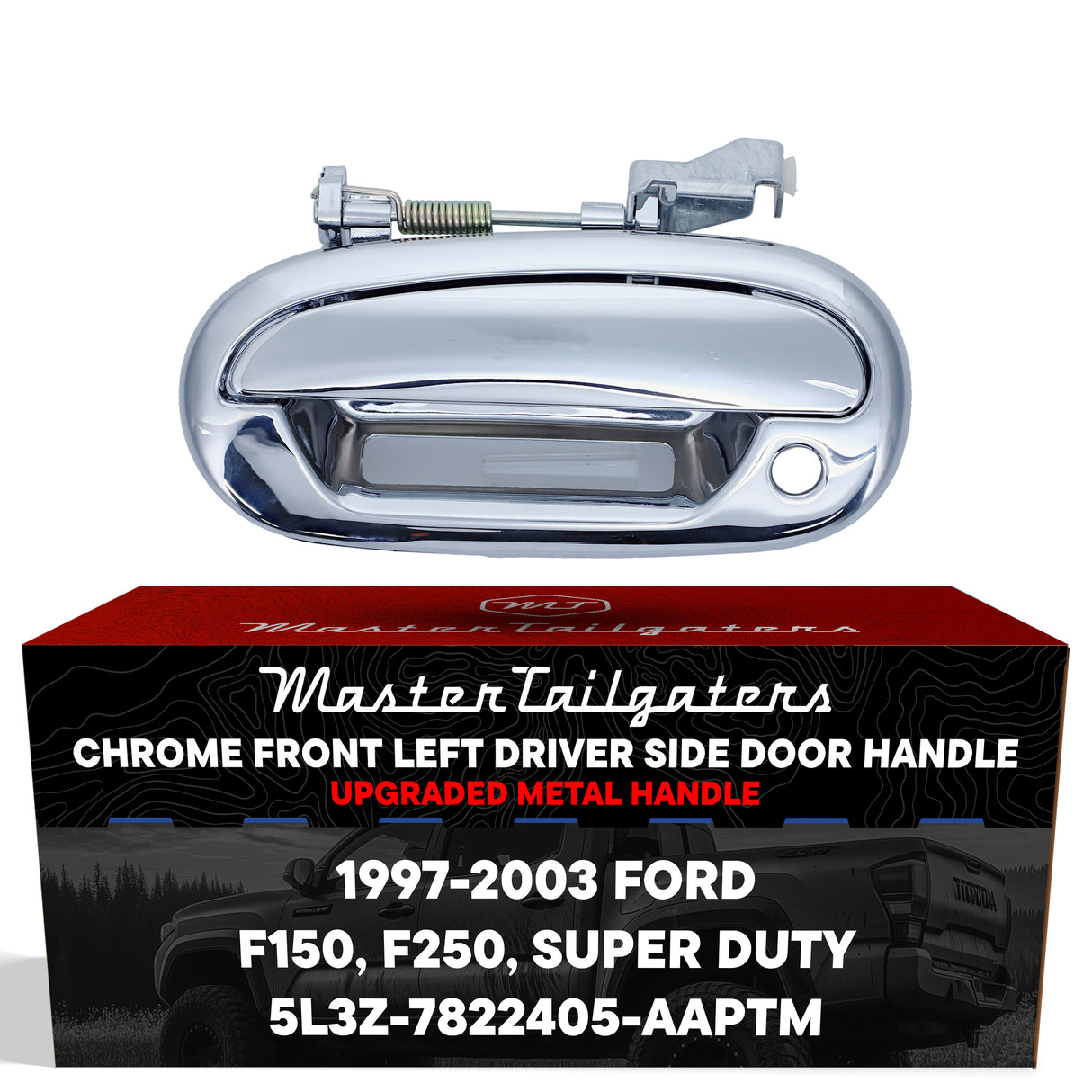 Exterior Door Handle Upgraded Chrome Metal Replacement for Ford F150/F250 (1997-2003), Ford Super Duty (1997-2003) OE Part # 5L3Z-7822405-AAPTM | Front LH w/ Padhole w/ Keyhole