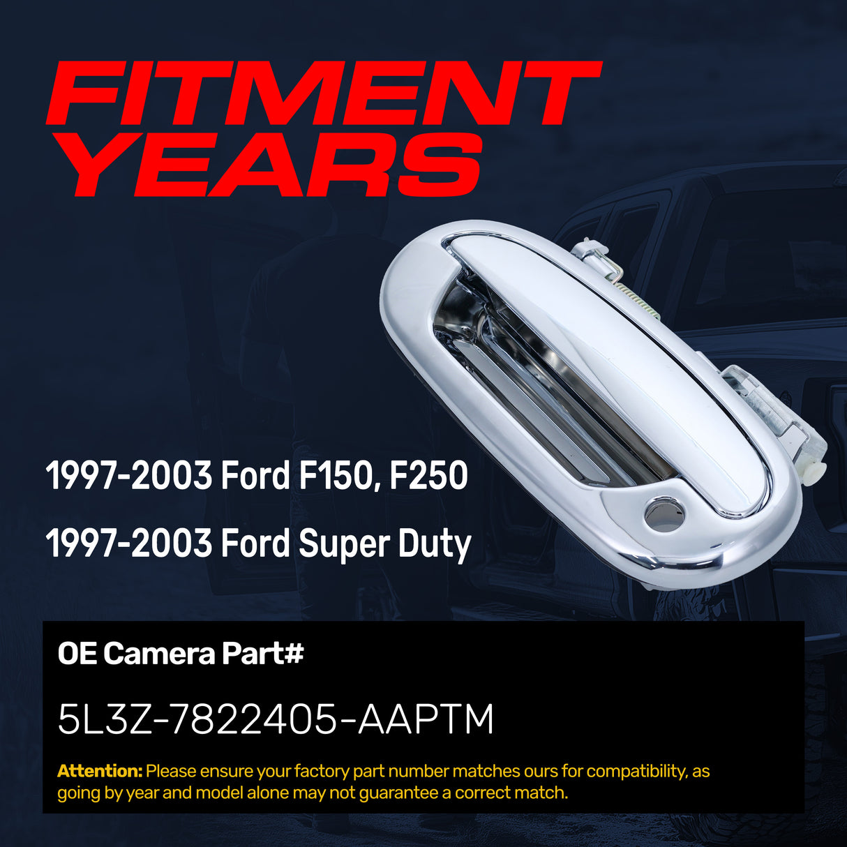 Exterior Door Handle Upgraded Chrome Metal Replacement for Ford F150/F250 (1997-2003), Ford Super Duty (1997-2003) OE Part # 5L3Z-7822405-AAPTM | Front LH w/ Padhole w/ Keyhole