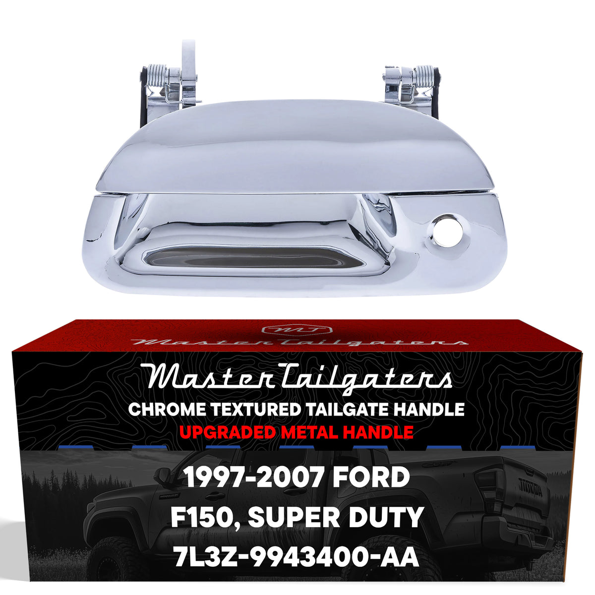 Tailgate Handle Upgraded Chrome Metal Replacement for Ford F150 (1997-2004), Super Duty (1999-2007) OE Part # 7L3Z-9943400-AA | Tailgate Handle w/ Keyhole