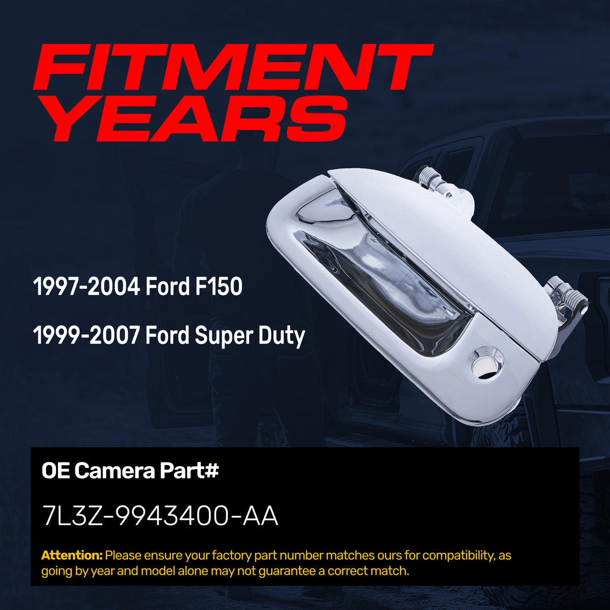 Tailgate Handle Upgraded Chrome Metal Replacement for Ford F150 (1997-2004), Super Duty (1999-2007) OE Part # 7L3Z-9943400-AA | Tailgate Handle w/ Keyhole