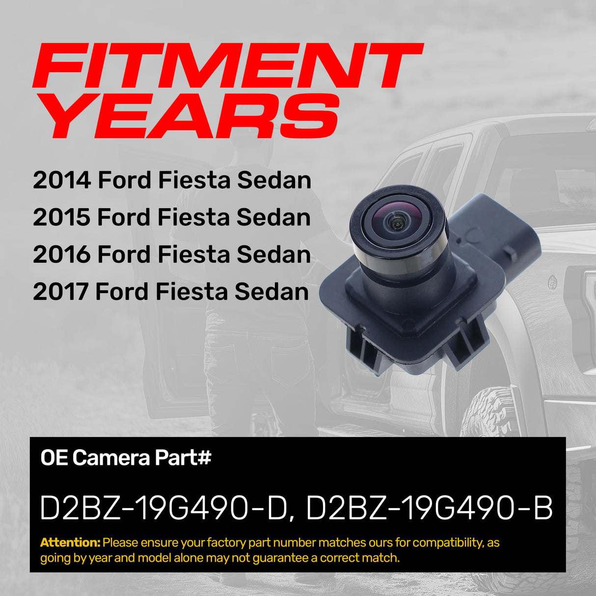 Ford Fiesta Sedan (2014-2017) OEM Replacement Backup Camera OE Part # D2BZ-19G490-B, D2BZ-19G490-D