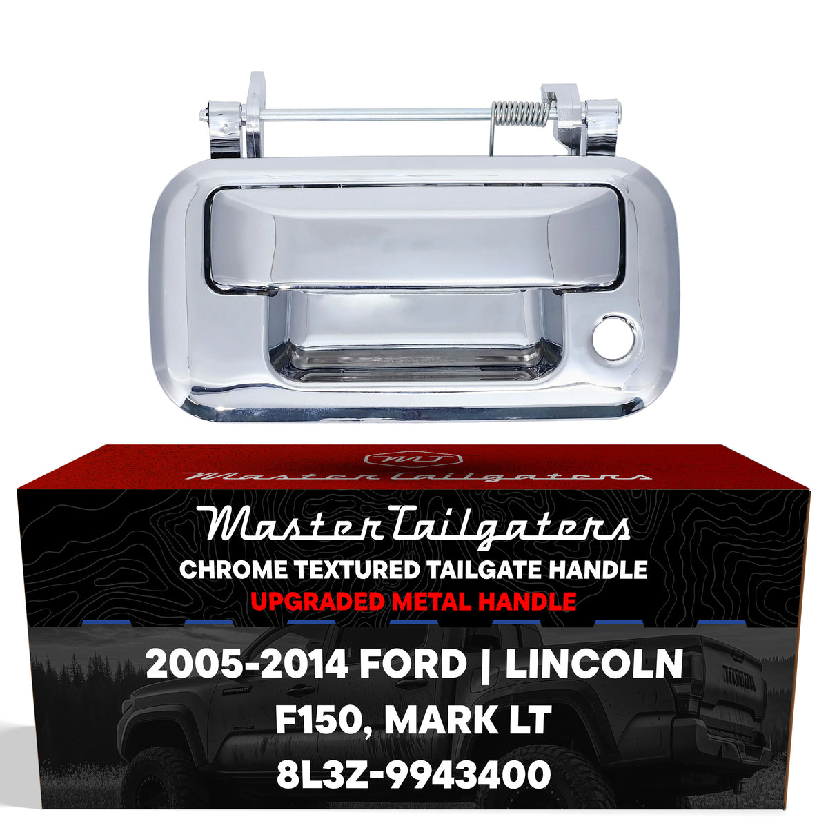 Tailgate Handle Upgraded Chrome Metal Replacement for Ford F150 (2005-2014) / Lincoln Mark LT (2006-2014) OE Part # 8L3Z-9943400 | Tailgate Handle w/ Keyhole