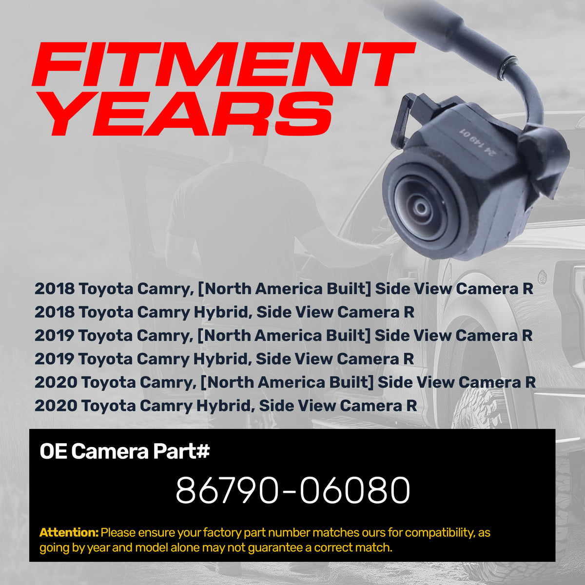 Toyota Camry + Hybrid (2018-2020) OEM Replacement Right Side View Camera OE Part # 86790-06080