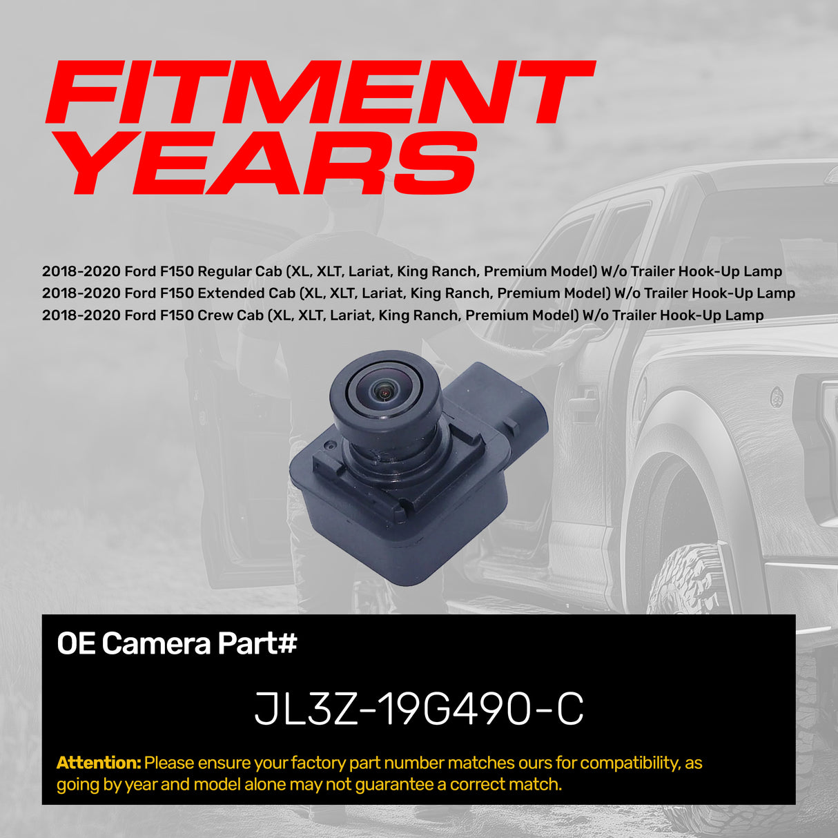 Ford F150 Regular Cab / Extended Cab / Crew Cab w/o Trailer Hook-Up Lamp (2018-2020) OEM Replacement Backup Camera OE Part # JL3Z-19G490-C - Master Tailgaters