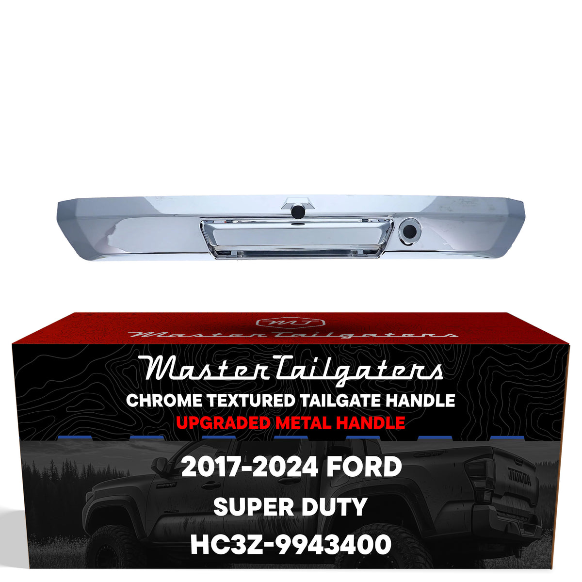 Tailgate Handle Upgraded Chrome Metal Replacement for Ford Super Duty (2017-2024) OE Part # HC3Z-9943400 | Tailgate Handle w/ Keyhole, w/ Camera Hole