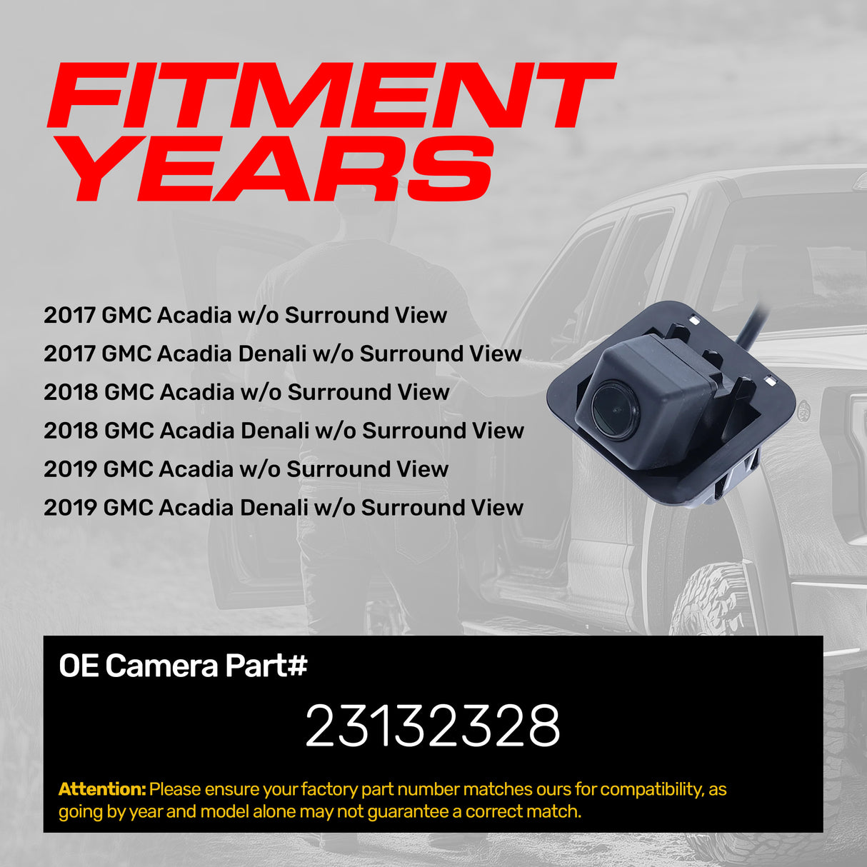 GMC Acadia/Denali w/o Surround View (2017-2019) OEM Replacement Backup Camera OE Part # 23132328