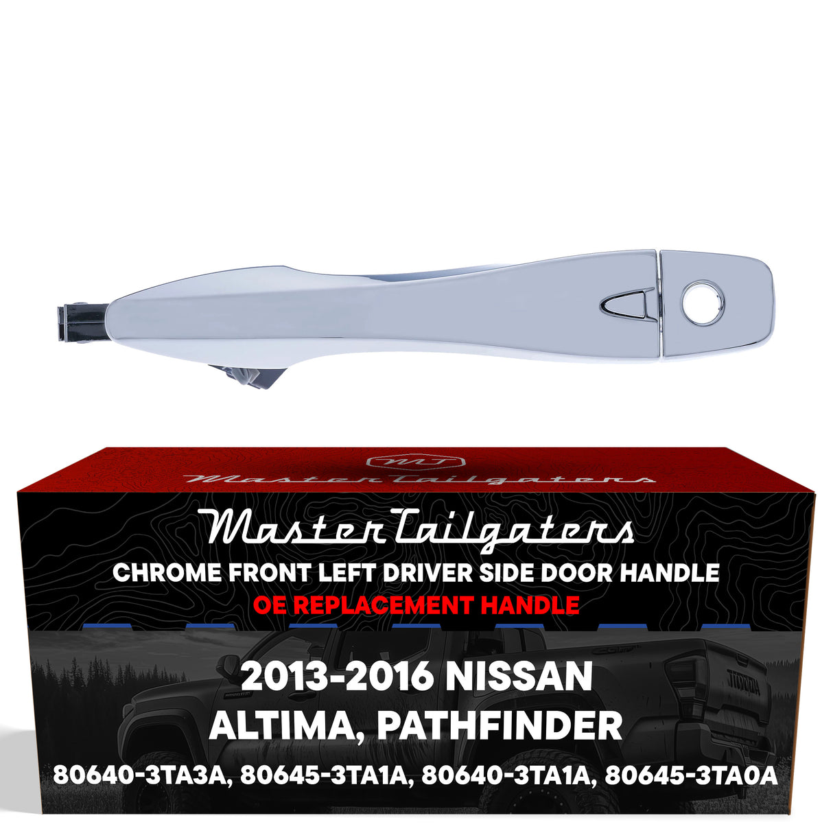 Exterior Door Handle Chrome Replacement for Nissan Altima (13-15), Pathfinder (13-16) OE Part # 80640-3TA3A, 80645-3TA1A, 80640-3TA1A, 80645-3TA0A | Front Left Driver Side w/ Keyhole