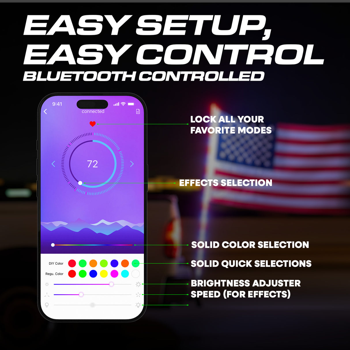 Master Tailgaters 6ft LED Truck Flag Pole with Smartphone App Control | Bluetooth Spiral Lights | 20 Colors & 100 Light Modes | Truck Hitch Mount Included | IP65 Water Resistant | 3'x5' Flag Approved - Master Tailgaters