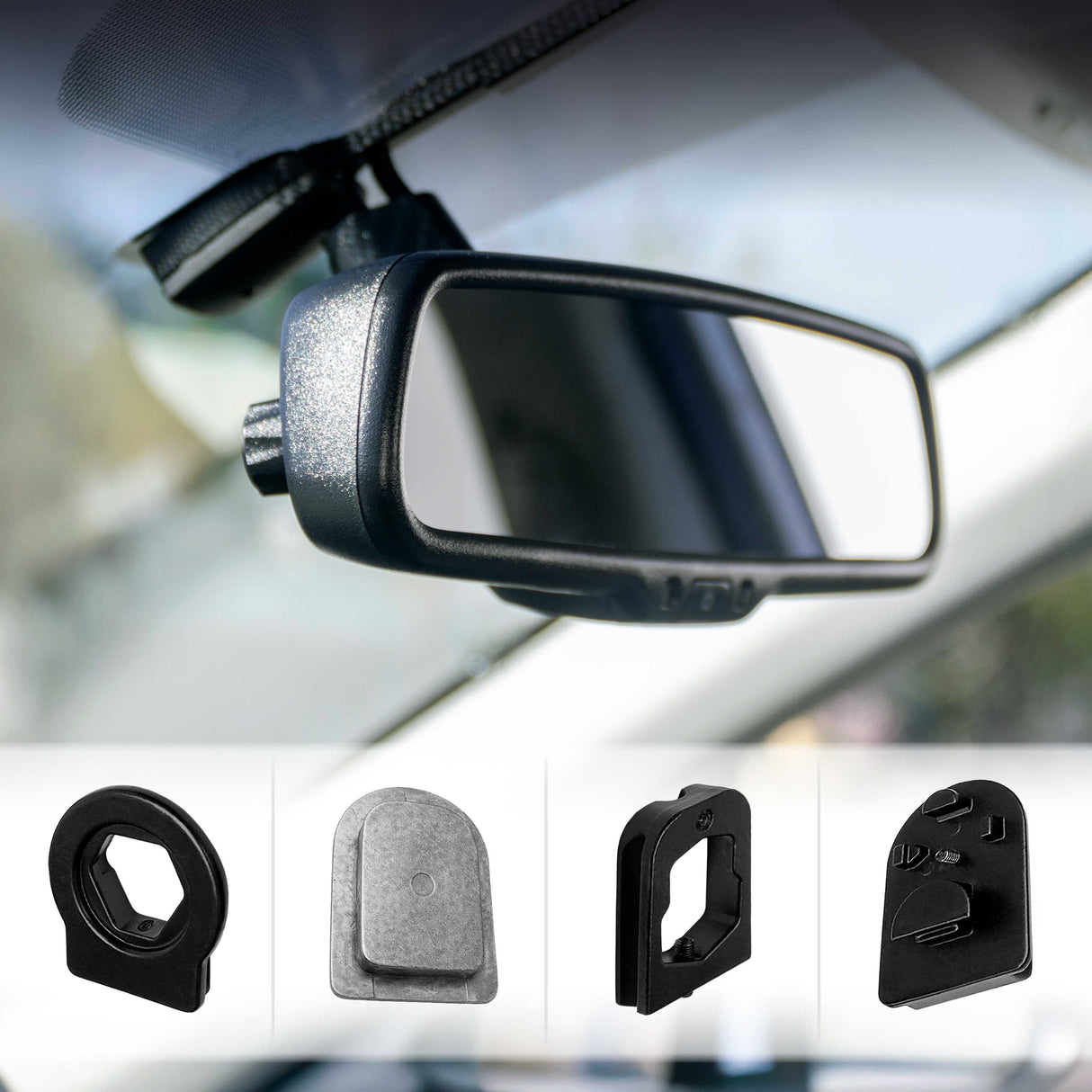 Rear View Mirror FOUR Metal Bracket Adapters with Universal Mirror Mounting Button Base | Compatible with Volkswagen, Audi, Dodge, Ford, Honda