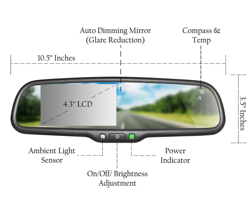 Master Tailgaters 10.5" OEM Rear View Mirror with 4.3" LCD Screen + Dimming + Adjustable Guide Lines + Compass & Temperature | Rearview Universal Fit | Auto Adjusting Brightness LCD | Anti Glare | Original Mirror Replacement