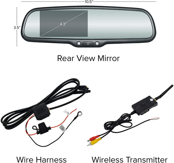 Master Tailgaters OEM Rear View Mirror with 4.3” LCD Screen with Wireless Transmitter and Waterproof 170° LED Backup Camera Kit