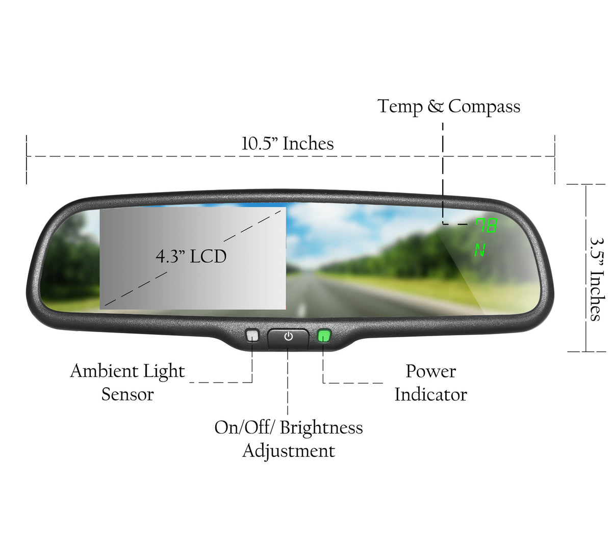Rear View Mirror Auto Brightness LCD Compass Temperature Universal Fit ...